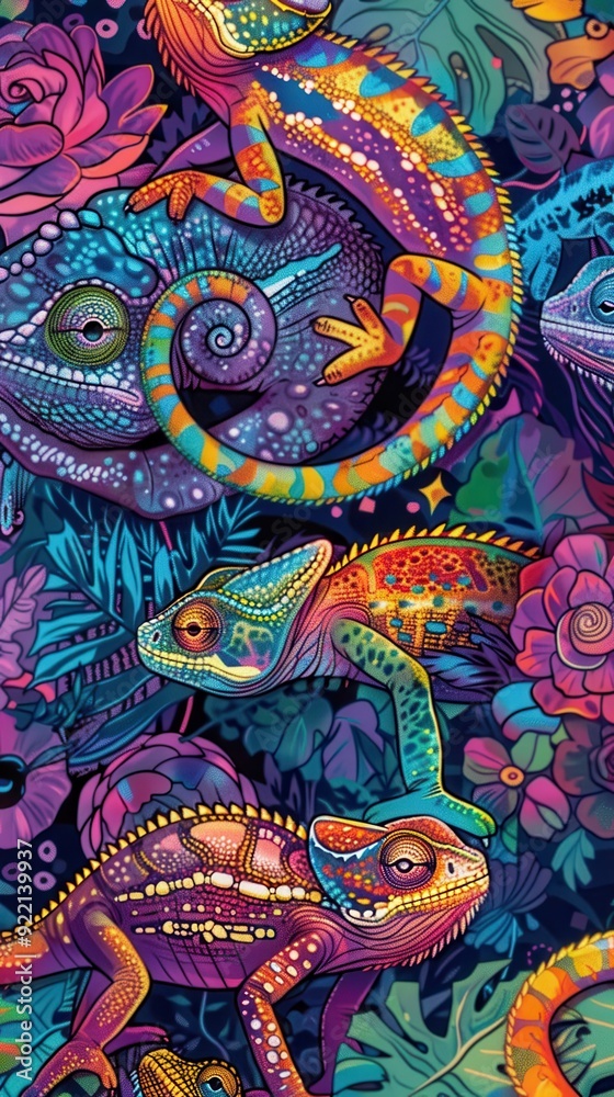 Fototapeta premium A group of colorful chameleons among vibrant plants in a surreal, tropical environment with bright patterns