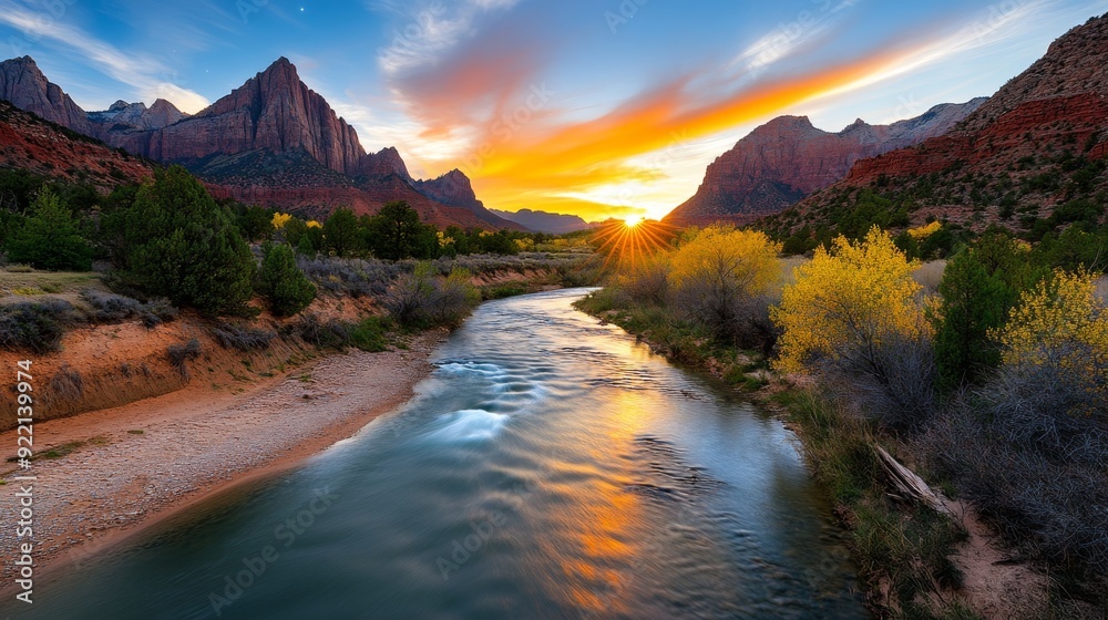 Naklejka premium Enchanting Landscape of Big Dry Stream with Majestic Red Rocks and Starry Night Sky at Sunrise