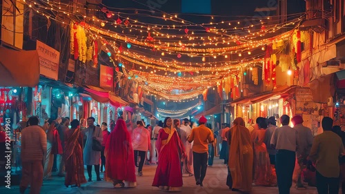 Vibrant celebration on a bustling street, adorned with festive lights, traditional Indian cultural festival, lively atmosphere with colorful decorations and joyful crowd photo