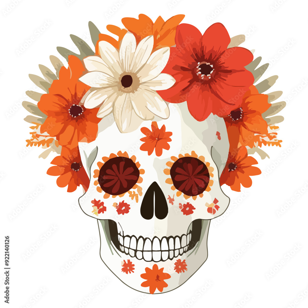 Ilustración de Katrina en tonos cálidos, calavera con flores en la cabeza
