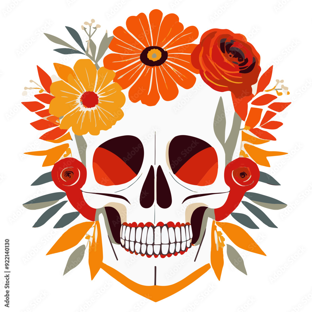 Ilustración de Katrina en tonos cálidos, calavera con flores en la cabeza Ilustración de Katrina en tonos cálidos, calavera con flores en la cabeza