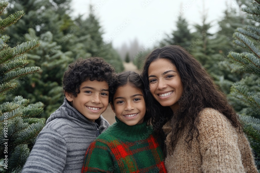 Christmas Tree Farm Family. Mixed Race Mother and Son Celebrating Holiday Outdoors Christmas Tree Farm Family. Mixed Race Mother and Son Celebrating Holiday Outdoors