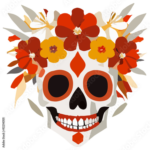 Ilustración de Katrina en tonos cálidos, calavera con flores en la cabeza