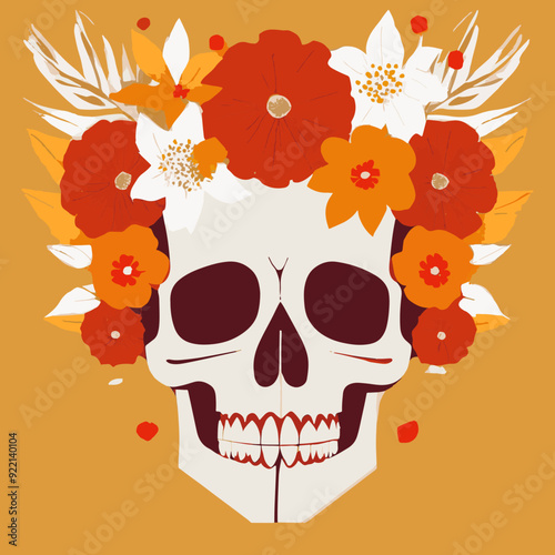 Ilustración de Katrina en tonos cálidos, calavera con flores en la cabeza