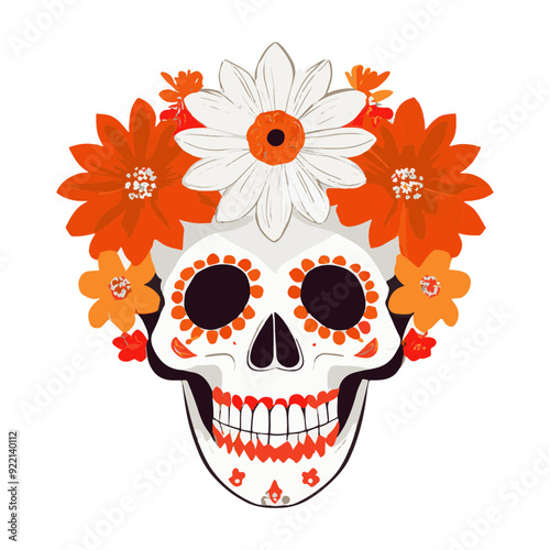 Ilustración de Katrina en tonos cálidos, calavera con flores en la cabeza