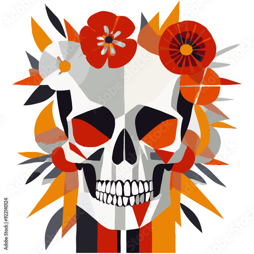 Ilustración de Katrina en tonos cálidos, calavera con flores en la cabeza