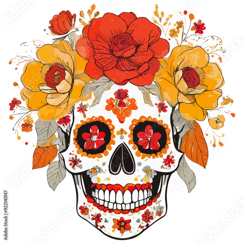 Ilustración de Katrina en tonos cálidos, calavera con flores en la cabeza
