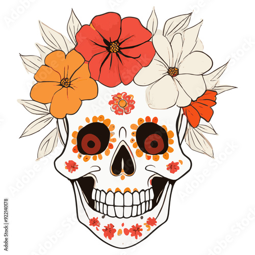 Ilustración de Katrina en tonos cálidos, calavera con flores en la cabeza