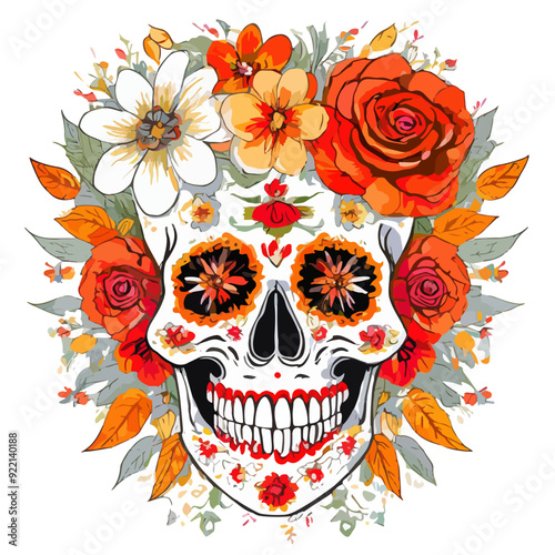 Ilustración de Katrina en tonos cálidos, calavera con flores en la cabeza