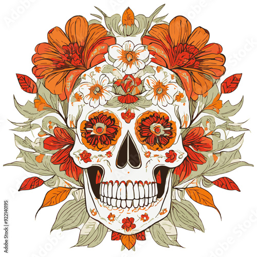 Ilustración de Katrina en tonos cálidos, calavera con flores en la cabeza