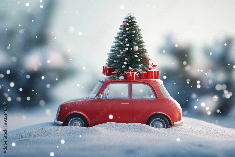 Christmas Tree On Top Of Car. Winter Holiday Greeting with Miniature Toy Car Christmas Tree On Top Of Car. Winter Holiday Greeting with Miniature Toy Car