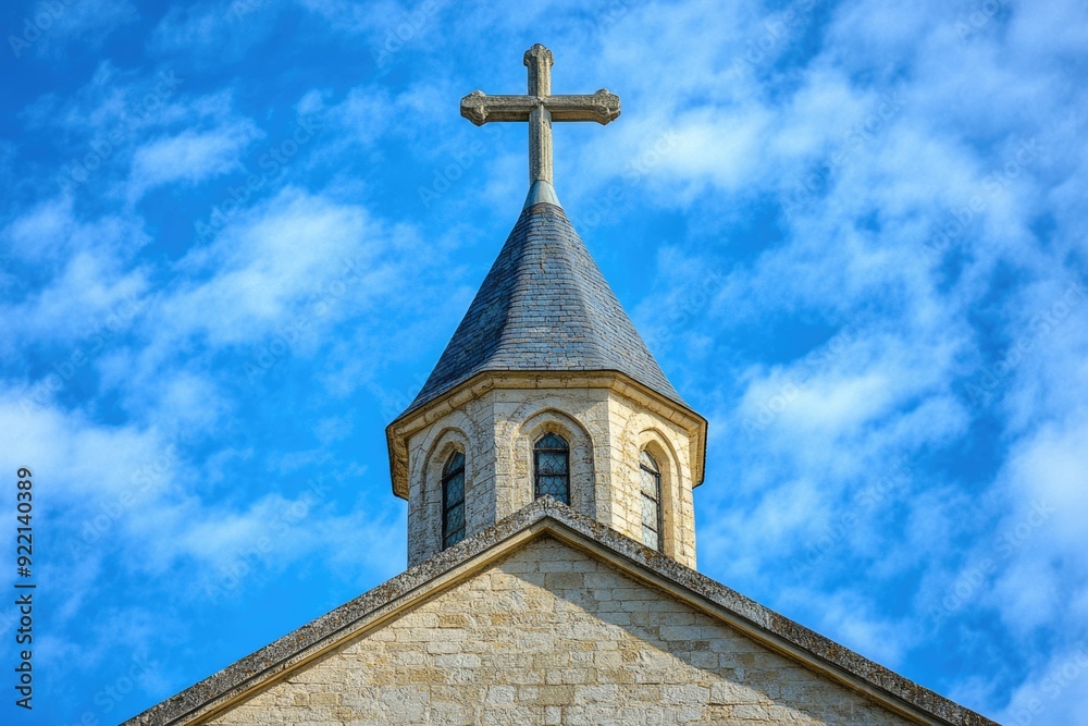Church Solar. Aged Cathedral Building with Blue Cross in Heaven Church Solar. Aged Cathedral Building with Blue Cross in Heaven