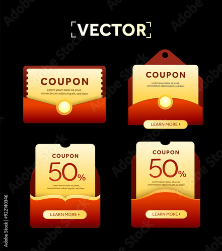 3d special pack of yellow coupons inside red envelope, with coupon code, percentage off, isolated on background. Gift voucher icons for special promotion. 3d vector illustration. Vector illustration