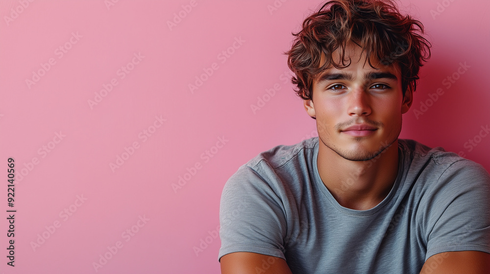 A charming male model with a clean-shaven face and short, dark hair, dressed in a casual grey t-shirt and jeans, standing on a light pink background with a spotlight effect A charming male model with a clean-shaven face and short, dark hair, dressed in a casual grey t-shirt and jeans, standing on a light pink background with a spotlight effect