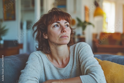 Concerned Homeowner. Pensive Adult Woman Deep in Thought at Home photo