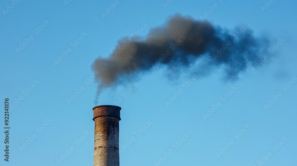 A dramatic scene of smoke pouring out from an old factory chimney. The thick, dark smoke contrasts with the clear blue sky, and the industrial structure adds to the scene's gritty, urban feel. A dramatic scene of smoke pouring out from an old factory chimney. The thick, dark smoke contrasts with the clear blue sky, and the industrial structure adds to the scene's gritty, urban feel.