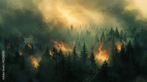 A dramatic scene of thick smoke billowing from a large wildfire in a dense forest. The dark, swirling smoke contrasts sharply with the bright flames 