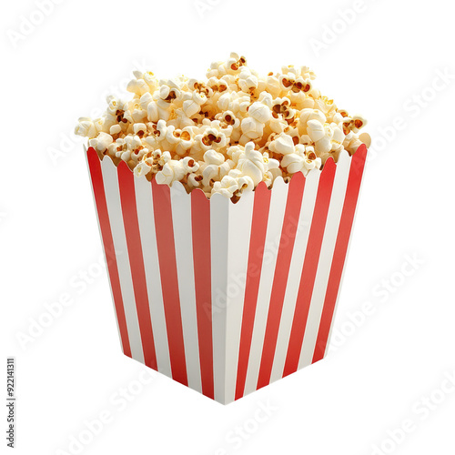A striped red and white popcorn box filled with freshly popped, delicious popcorn, perfect for movie nights, theaters, or snacking at home.