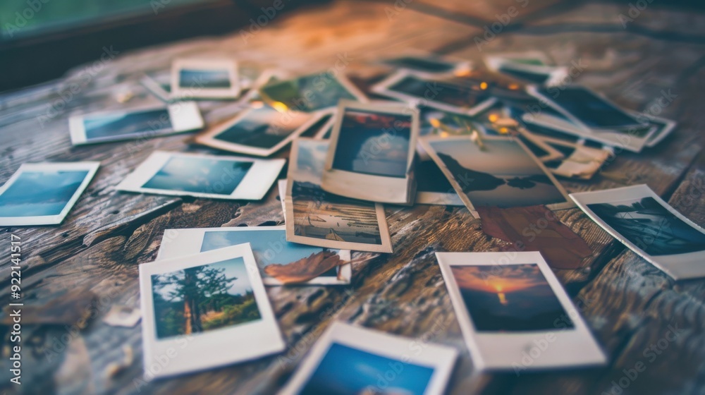 Naklejka premium Scattered Polaroid Photos on Rustic Table