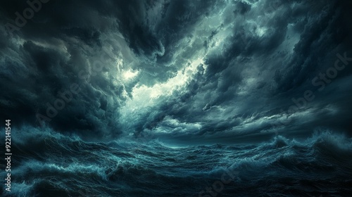A dramatic sky over a coastal scene with storm clouds gathering on the horizon. The dark, threatening clouds and the turbulent sea create a powerful and intense visual impact.