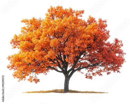 Beautiful autumn tree with vibrant orange and red foliage, standing alone on a grassy patch, capturing the essence of fall season.