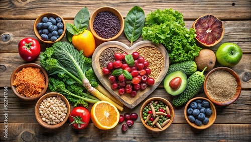 Fresh fruits, leafy greens, and whole grains arranged artfully on a rustic wooden table, symbolizing a nutritious and balanced heart-healthy diet.