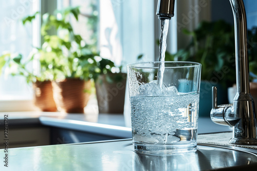 Clear water from kitchen tap in glass