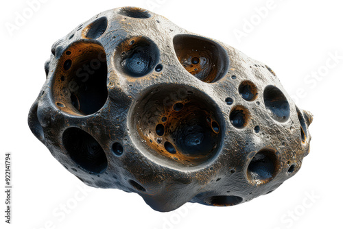 Close-up view of a meteorite with cratered surface, showcasing unique holes and textures. Perfect for space, astronomy, and geology themes.