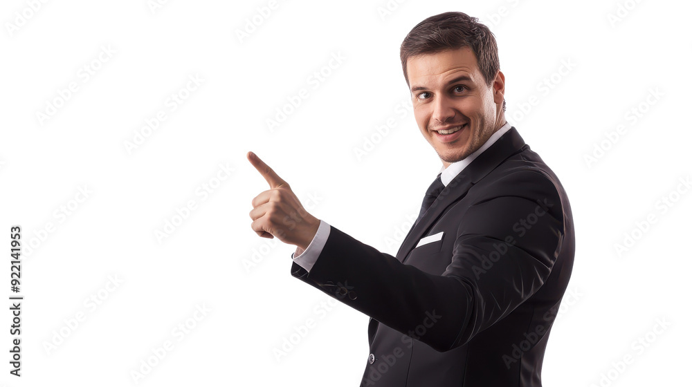 Confident businessman in suit pointing finger, isolated on white background. Ideal for corporate presentations and professional settings. Confident businessman in suit pointing finger, isolated on white background. Ideal for corporate presentations and professional settings.