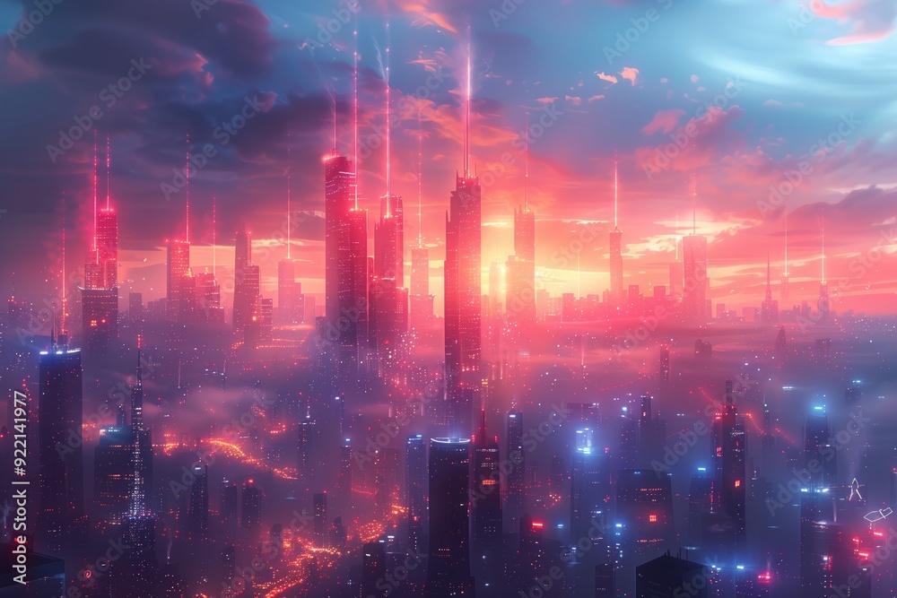 A futuristic cityscape powered by quantum computing, with skyscrapers connected by neon data highways and floating holographic interfaces A futuristic cityscape powered by quantum computing, with skyscrapers connected by neon data highways and floating holographic interfaces
