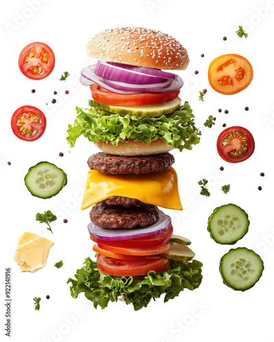 Colorful stacked hamburger with multiple layers of ingredients. Includes beef patties, cheese, lettuce, tomato, onion, and pickles.
