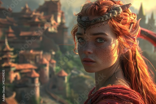A dragon rider soaring through the skies above a fantasy realm, with castles and enchanted forests below 