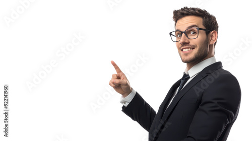 Confident businessman in suit and glasses pointing upwards, isolated on white background. Professional, smiling and ready for business opportunities.