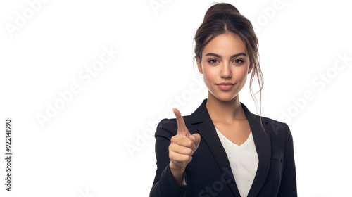 Confident businesswoman in a suit pointing forward, isolated on white background. Professional and assertive gesture in business context.