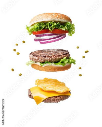 Delicious deconstructed burger with fresh ingredients including lettuce, onion, beef patty, and cheese, showcasing layers and texture.