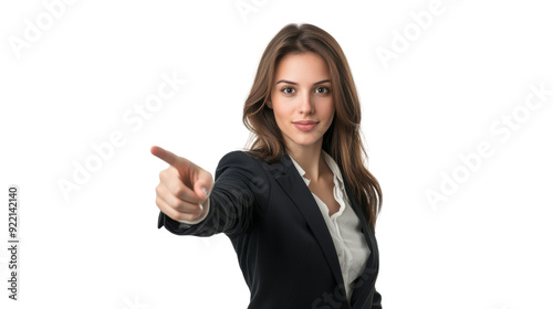 Confident professional woman in business suit pointing forward, isolated on white background. Leadership and career concept.