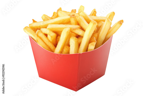 Crispy golden French fries served in a red takeout container. Perfect for fast food concepts and snack-related projects.