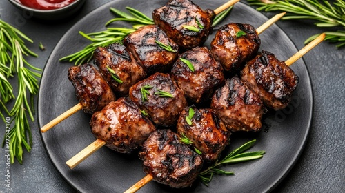 Savor spiral sausages served on wooden sticks drizzled with ketchup, beautifully arranged on a grey stone slate plate photo