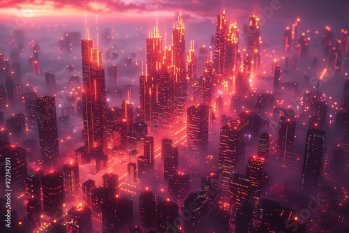 Wallpaper Mural A futuristic cityscape powered by quantum computing, with skyscrapers connected by neon data highways and floating holographic interfaces Torontodigital.ca