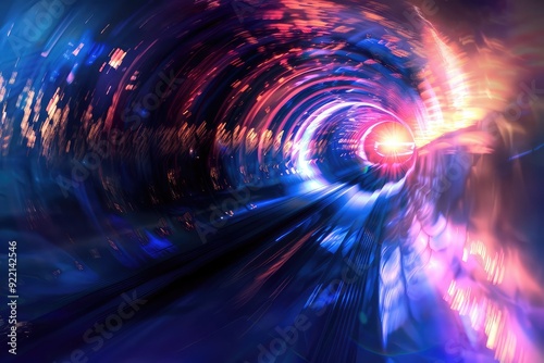 Abstract swirling tunnel of light in vibrant blue, pink, and orange hues. A futuristic and cosmic design.