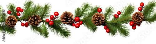 Festive Christmas garland with pine cones, green needles, and red berries, perfect for holiday decoration and seasonal celebrations.