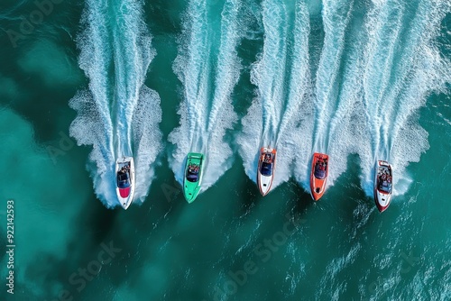 Aerial view of four colorful speedboats creating waves as they race across vibrant turquoise water on a sunny day, showcasing speed and excitement. photo