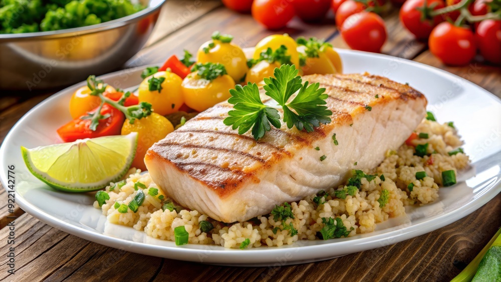 Freshly grilled mahi-mahi fillet served on a white plate with steamed vegetables and a side of quinoa, garnished with a slice of lemon and parsley. Freshly grilled mahi-mahi fillet served on a white plate with steamed vegetables and a side of quinoa, garnished with a slice of lemon and parsley.