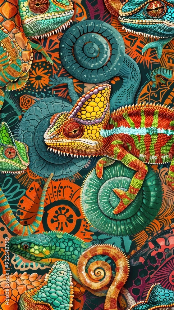 Fototapeta premium A vibrant display of chameleons resting against swirling, colorful patterns in a tropical environment