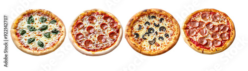 Four delicious pizzas with a variety of toppings, including spinach, pepperoni, and mushrooms, presented on a white background.