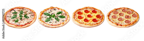 Four delicious pizzas with different toppings including mushrooms, basil, pepperoni, and sausage. Perfect for food advertisements or menus.