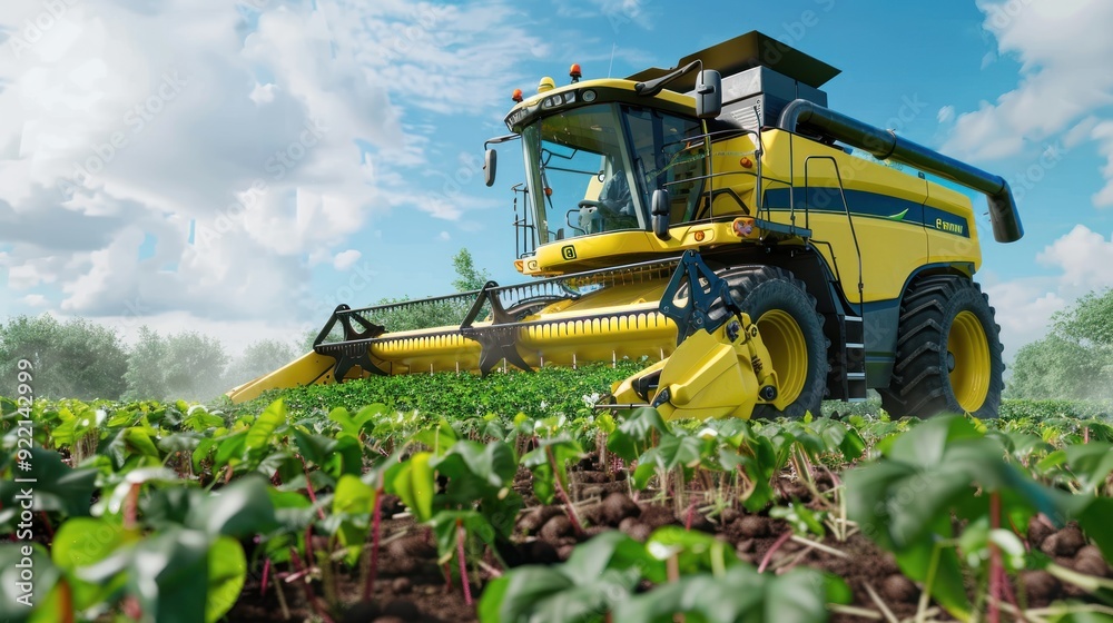 A modern yellow combine harvester working in a green field under a blue sky with fluffy clouds, signifying agricultural productivity and mechanized farming. A modern yellow combine harvester working in a green field under a blue sky with fluffy clouds, signifying agricultural productivity and mechanized farming.