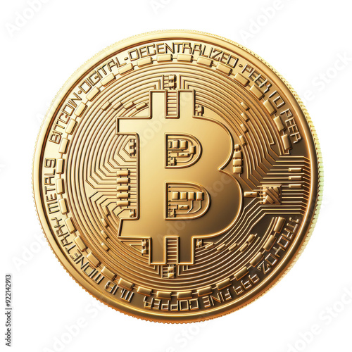 Golden Bitcoin coin on a white background, representing cryptocurrency and digital finance. Perfect for blockchain and financial themes.