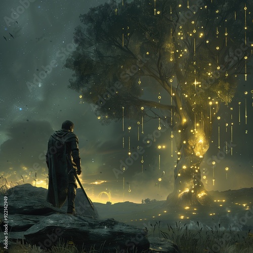 A lone Tarnished warrior standing before a towering, ancient tree in Elden Ring, with mysterious runes glowing on the tree's surface photo