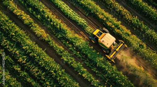 A overhead view of a harvester navigating through an orchard, collecting ripe fruits amidst the rows of dense, lush green trees under the golden sunlight.